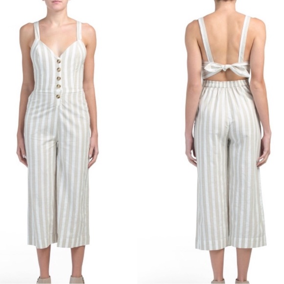 JAPNA Khaki Stripe Linen Romper Jumpsuit Bow Tie Up Back Pant Anthropologie Boho - Picture 8 of 10
